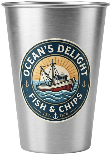 Oceans Delight Fish and Chips custom aluminum cup